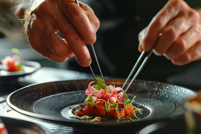 A professional private chef using precision tweezers to garnish a gourmet salmon dish with radishes and microgreens on a black plate.