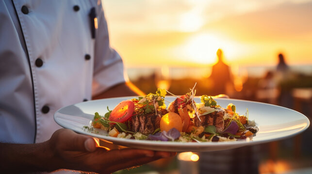 A professional chef presenting a gourmet plated meal during a luxury dinner Muskoka event at sunset on a lakefront patio.